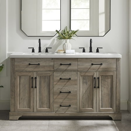 BridgePoint Home Mia 60" Double Sink Bathroom Vanity in Brown Grey Oak with White Stone Top