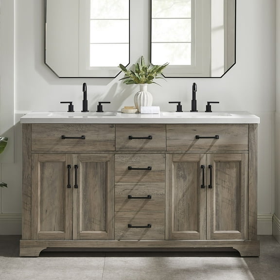 BridgePoint Home Mia 60" Double Sink Bathroom Vanity in Brown Grey Oak with White Stone Top