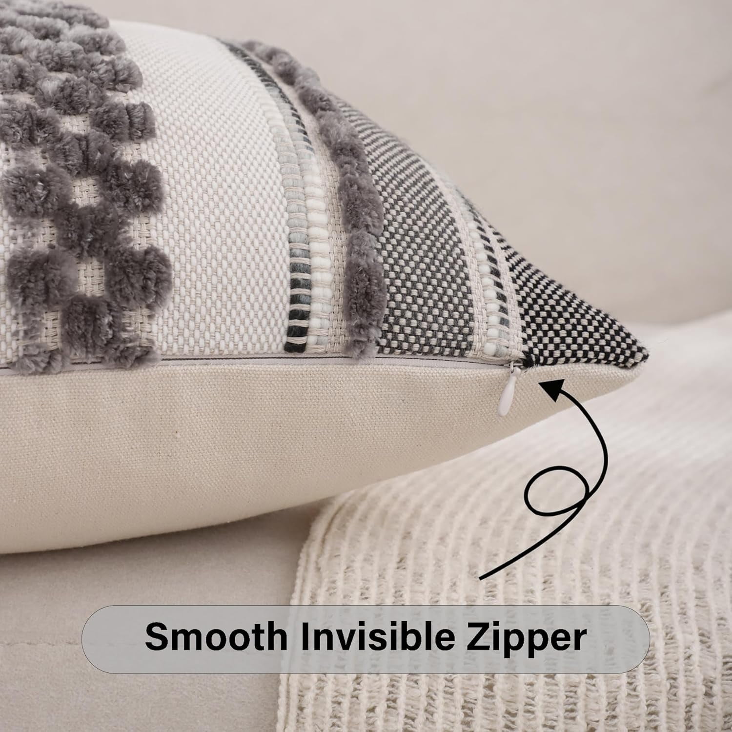 Tosleo Boho Throw Pillow Covers 18x18 Set of 2 Striped Decorative Pillow Cases Accent Chenille Pillowcases Farmhouse Cushion Case Bohemian Nuetral Textured Pillow Cover,Gray