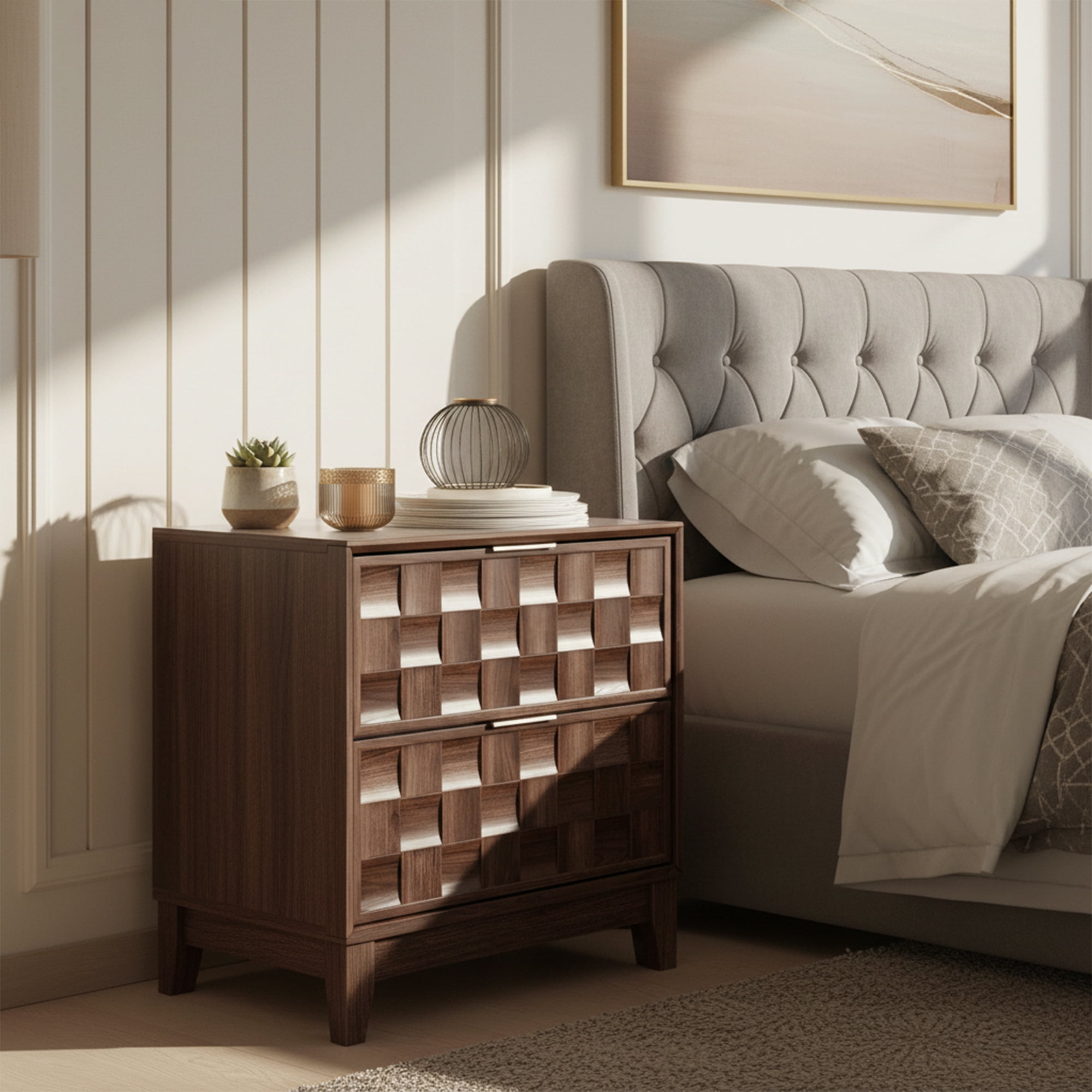 Nightstand with Charging Station, Modern 2 Drawer Bedside Table with Storage, 1 pack,Walnut