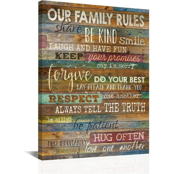 Our Family Rules Decorative, Inspirational Wall Art Framed Canvas, Positive Quotes Wall Decor, Rustic Wall Art, Perfect Decor Sign for Living Room, Bathroom and Kitchen (12"x16")