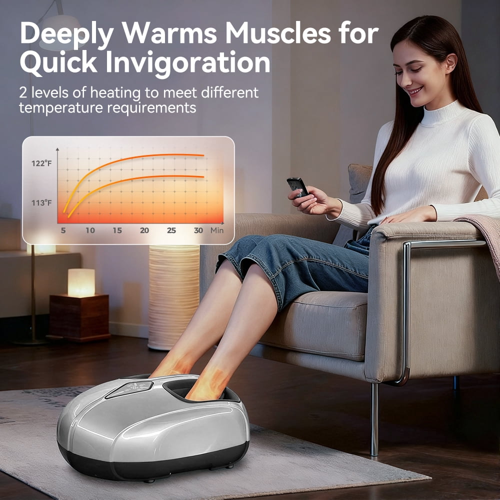 Foot Massager with Heat, Caveen Shiatsu Feet Massager Machine with 4 Modes & 5 Intensities, Auto-off Timers, Relax for Home or Office, Silver