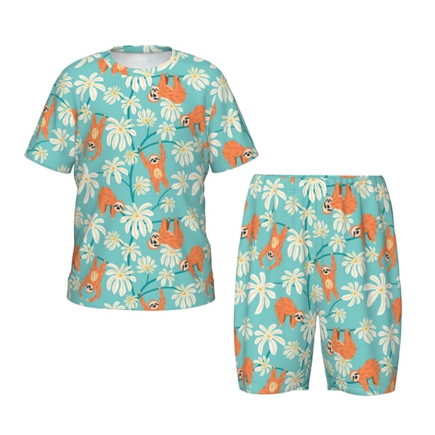 Balery Cute Sloth on Floral Tree Conjunto de Pijama Infantil de Manga Corta con Estampado – Ropa de Dormir de Algodón Suave-4X-Large