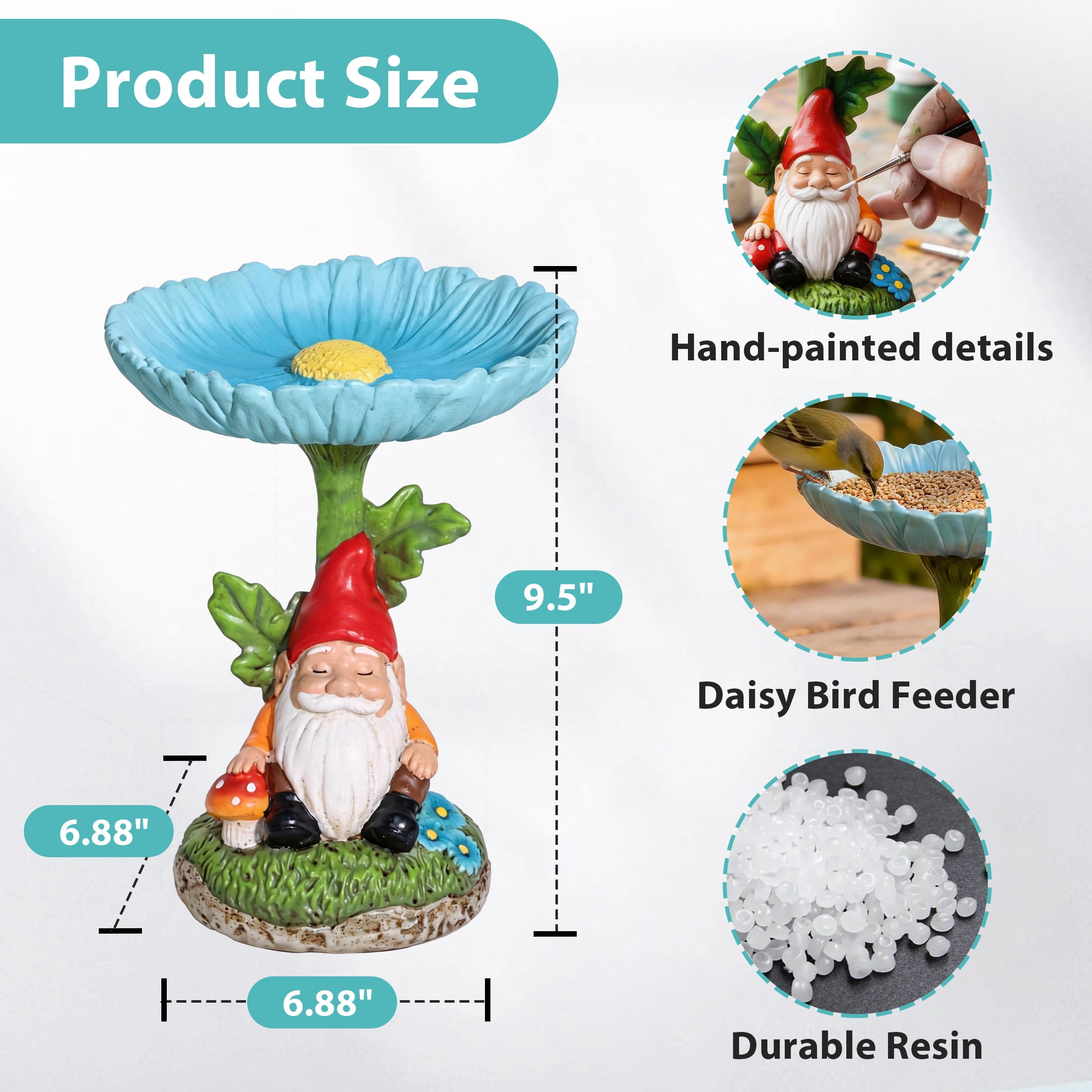 The Growing Ground Daisy Gnome Bird Feeder, Resin Garden Statue with Flower Bowl for Outdoor Patio Decor, Teal