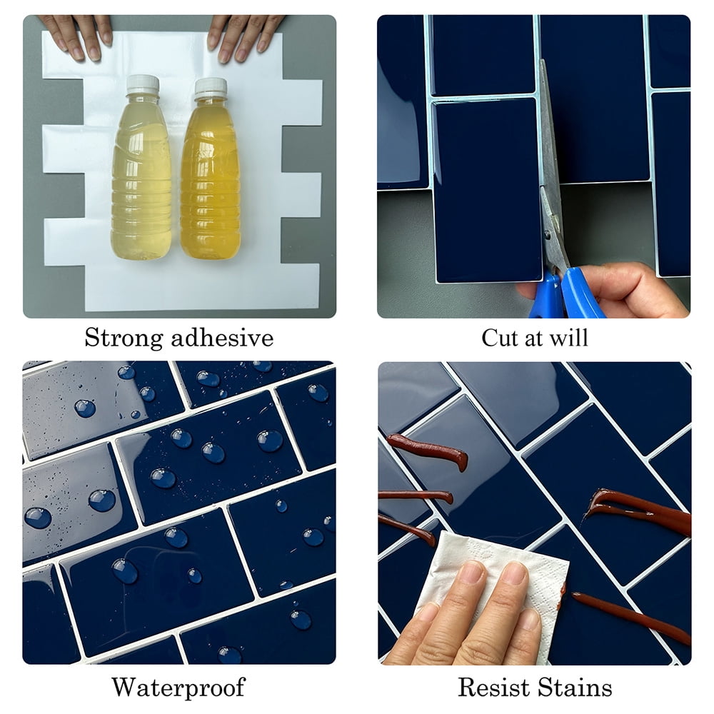 clevermosaics Deep Blue Peel and Stick Vinyl Wall Tiles for Kitchen & Bathroom Backsplash (Pack of 10, Thicker)