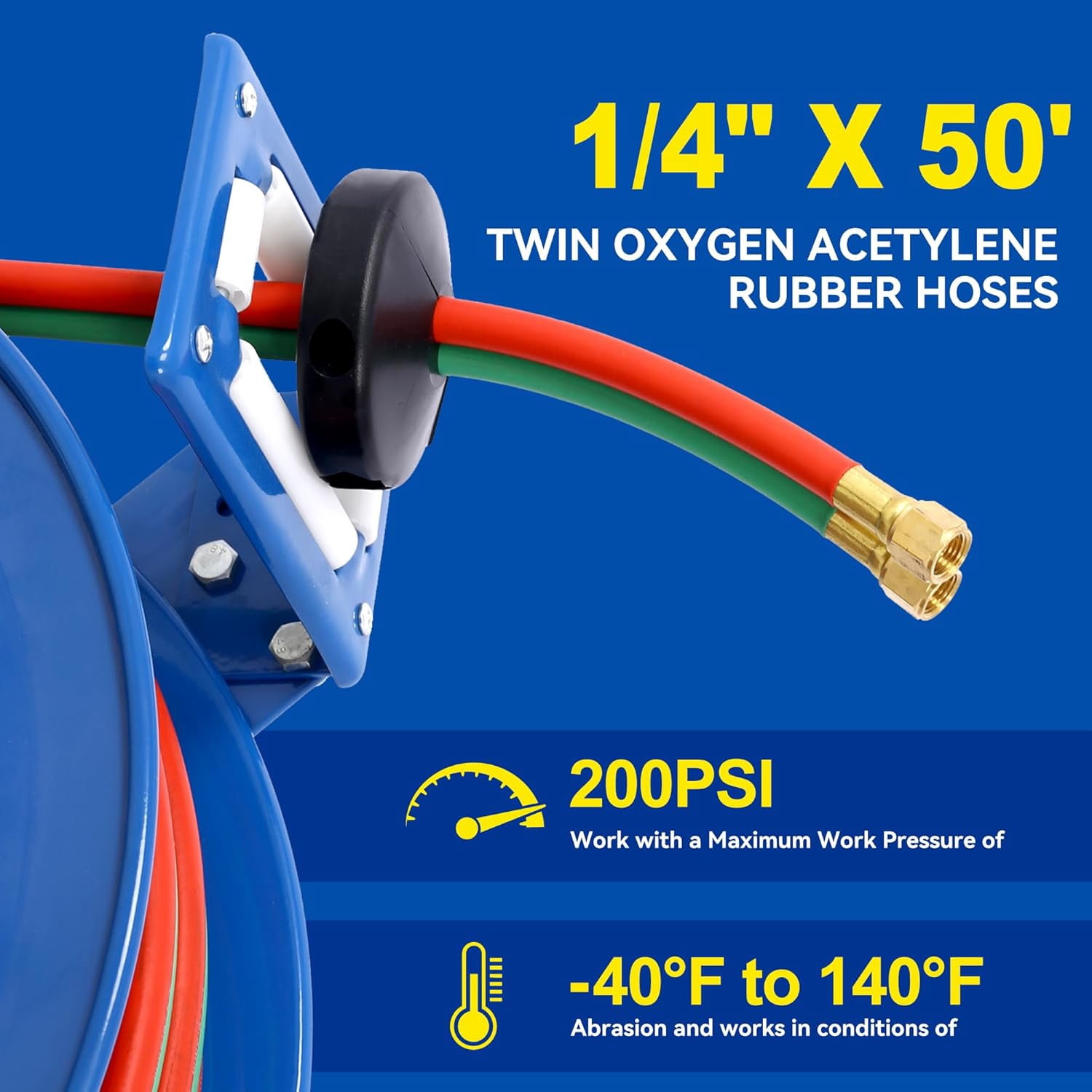 Retractable Air Hose Reel, Heavy Duty Welding Hose Reel 1/4" Inch x 50' Foot Twin Oxygen Acetylene Rubber Hoses STD Duty Max 200 PSI Industrial Single Arm Construction