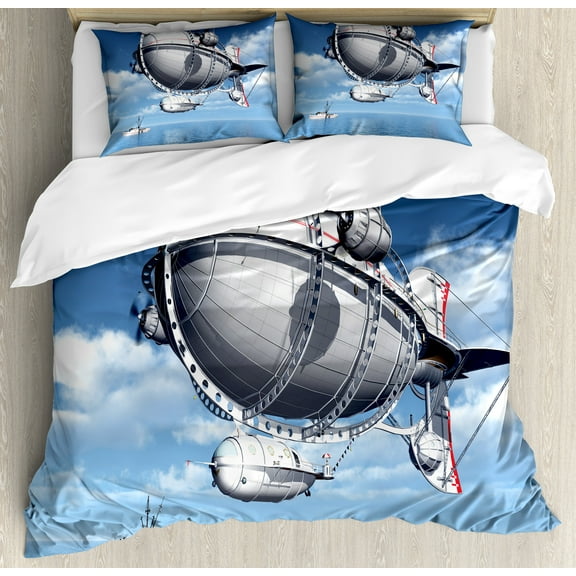 Zeppelin Duvet Cover Set, Giant Aircraft over the Sea Flying in Cloudy Sky Adventure Journey Image, Decorative 3 Piece Bedding Set with 2 Pillow Shams, King Size, Violet Blue Grey, by Ambesonne