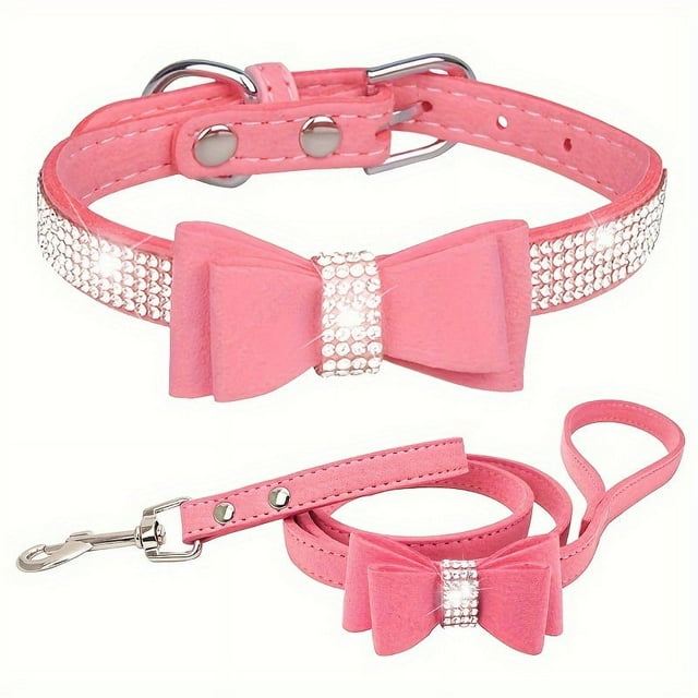 CNKOO 2pcs Sparkling Rhinestone Dog Collar & Leash Set for Small & Medium Dogs Cute Bow Tie Collar with Escape-Proof Rope