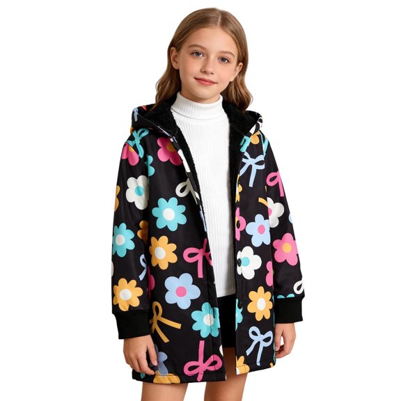 lnmuld Girls Flower Bow Print Plush Lined Hooded Coat Button Front Elastic Cuff Warm Casual Winter Outerwear for Kids Black,9-10 Years