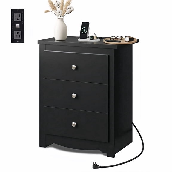 GALAXHERO Tall Black Nightstand with Charging Station and 3 Drawers, Wood Bedside End Table with 2 USB Ports & 2 AC Outlets for Bedroom Living Room Dorm