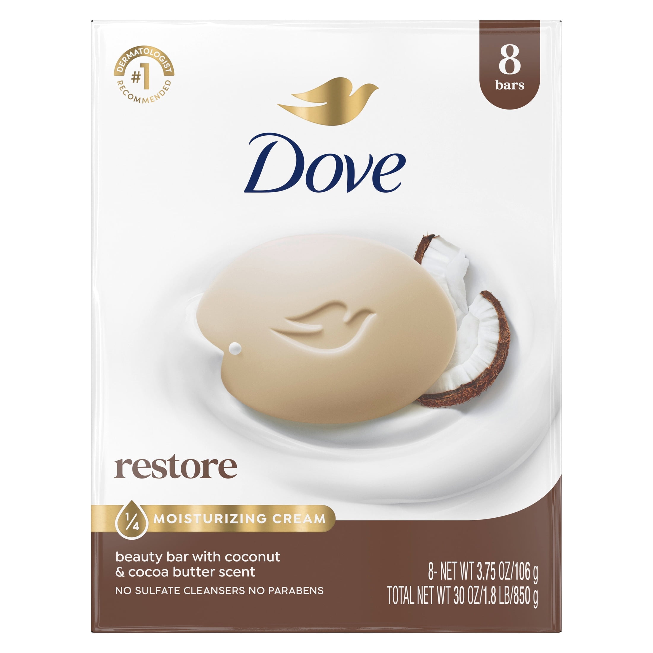(4 pack) Dove Beauty Bar Soap For Restored Skin Restoring Coconut & Cocoa Butter Nourishes Skin, 3.75 oz 8 Bars