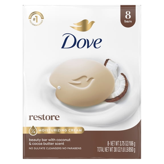 Dove Beauty Bar Soap For Restored Skin Restoring Coconut & Cocoa Butter Nourishes Skin, 3.75 oz 8 Bars
