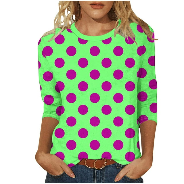 T-Shirts Grande Taille pour Femmes à Manches 3/4 à Pois, Col Ras du Cou, T-Shirts Graphiques de Base, Hauts d'Été Décontractés (TG, Violet)
