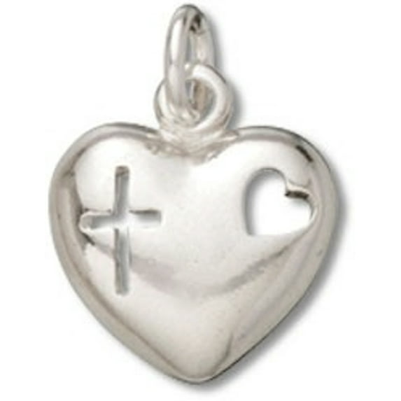 Sterling Silver 20" .8mm Box Chain Small Puffed Heart Heart And Cross Cutouts Pendant Necklace