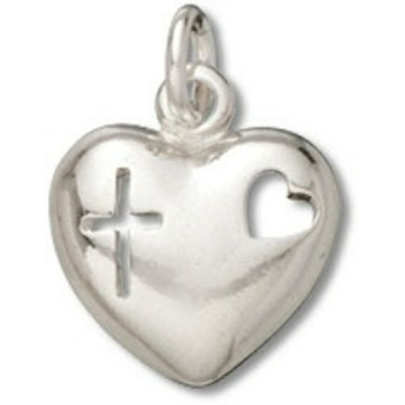 Sterling Silver 16" .8mm Box Chain Small Puffed Heart Heart And Cross Cutouts Pendant Necklace
