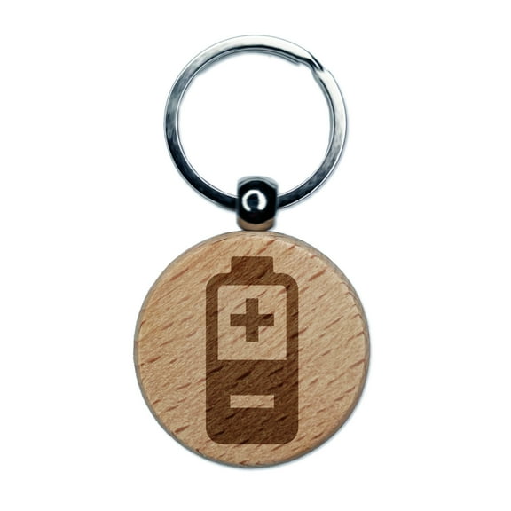 Battery Icon Round Keychain Charm Tag - Engraved Wood