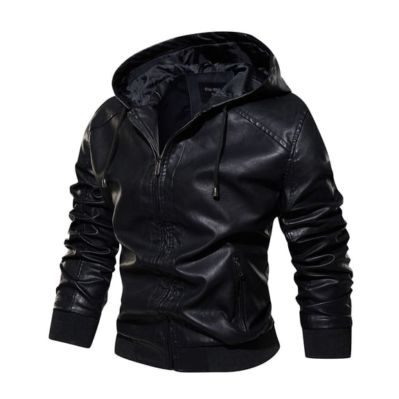 Tiweut Leather Jackets for Mens Mens Hooded Splice Solid Color Long Sleeved Hooded Drawstring Zipper Outdoor Slim Fit Coat Tops Black,M