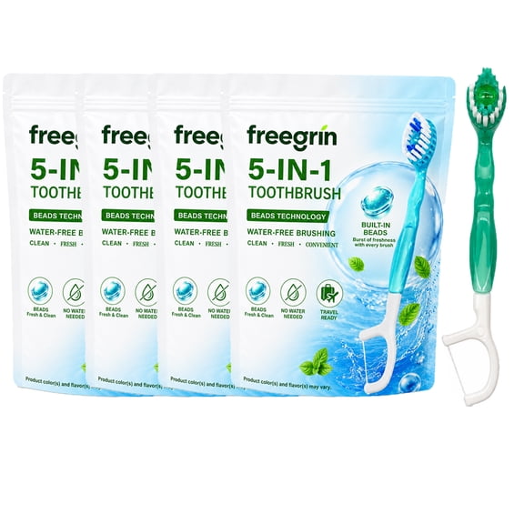 Freegrin 5 in 1 Disposable Toothbrushes with Toothpaste, Floss, Pick and Tongue Scraper, Individually Wrapped Travel Size, Green Tea Flavor, 48 Count