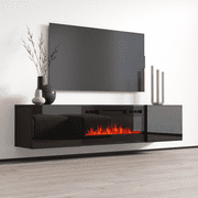 Cali BL-EF Floating Fireplace TV Stand for TVs up to 80, Modern High Gloss 72 Entertainment Center, Wall Mounted Electric Fireplace TV Media Console with Storage Cabinets