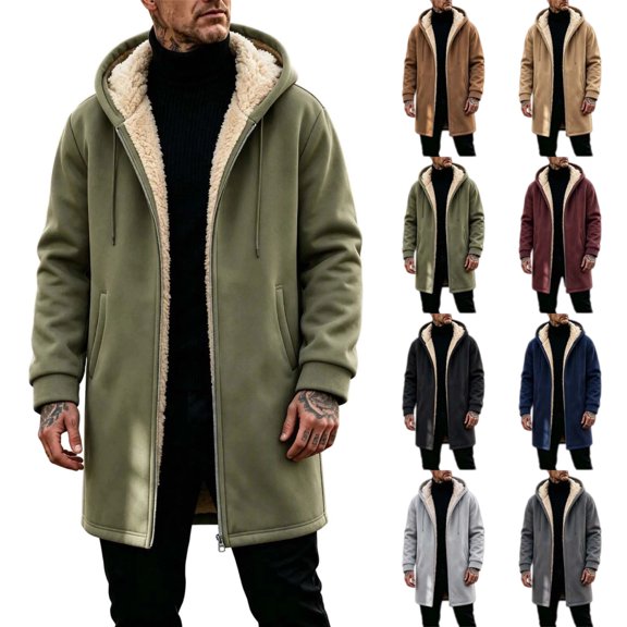 Mens Fleece Full Zip Hoodie Casual Solid Color Outdoor Pocket Long Sleeve Warm Hoodie Coat