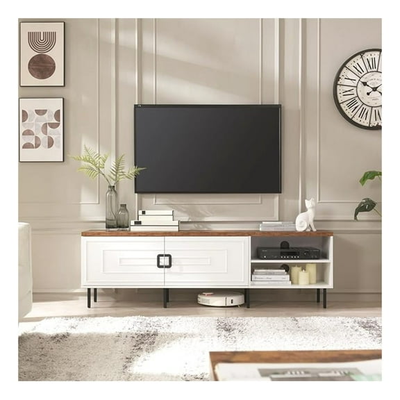 White TV Stand 70 Inch, Farmhouse Entertainment Center for 50-80 inch TVs, Modern Media Console with Adjustable Shelves & Cabinets, Living Room Storage