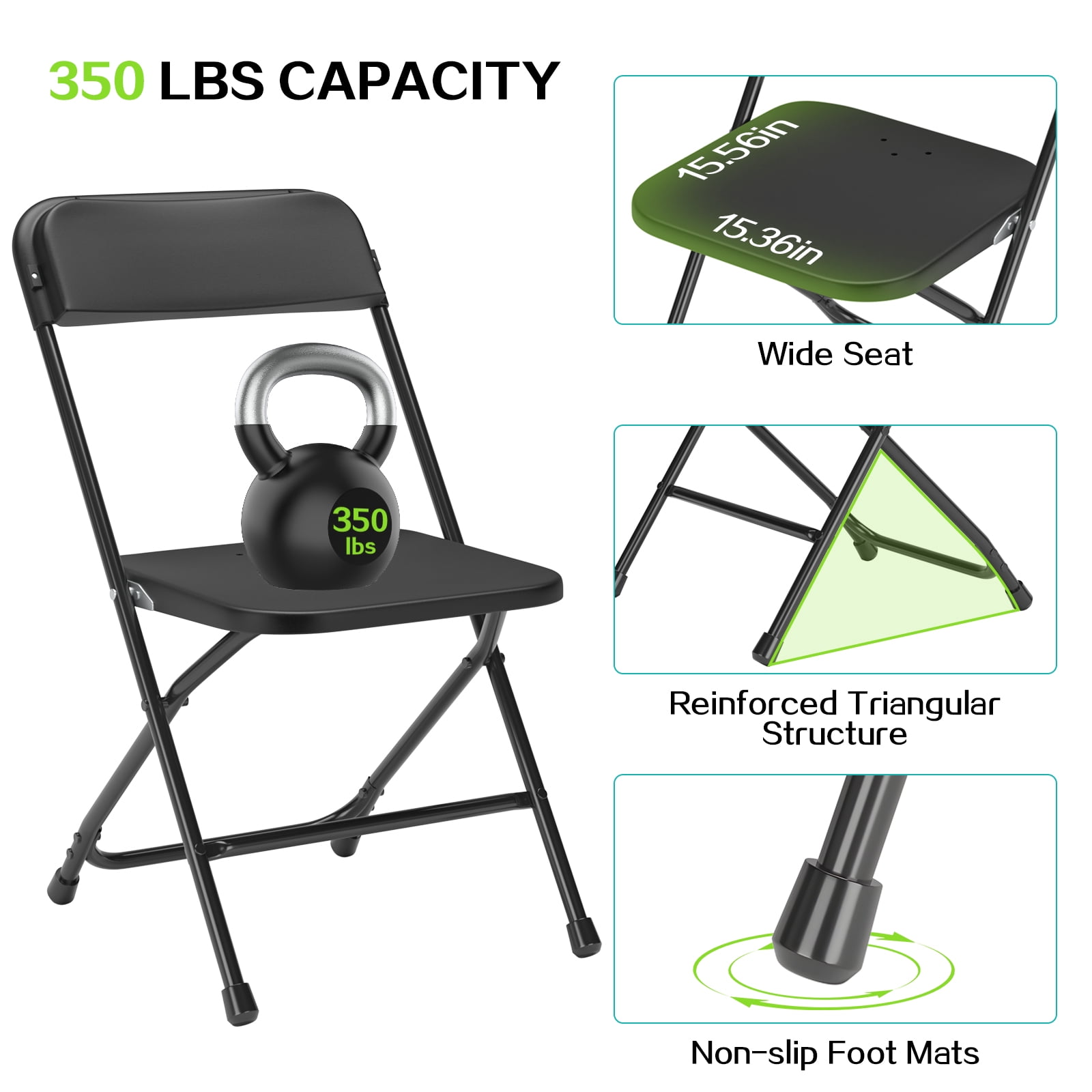 Capri Black Plastic Folding Chair 10 Pack with Steel Frame, Hold up to 350 lbs, Indoor Outdoor Portable Stackable Event Chair Commercial Seat for Dining Wedding Party Office Picnic Kitchen