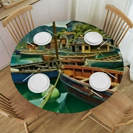 

Summer Landscape Elastic Tablecloth Fitted Table Cover Round Waterproof Tablecloth Wooden Boats