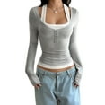 thumbnail image 1 of Women'S Long Sleeve Henley T Shirts Button Ribbed Knit Slim Fit Casual Basic Tops Blouse Flower Gray L, 1 of 8