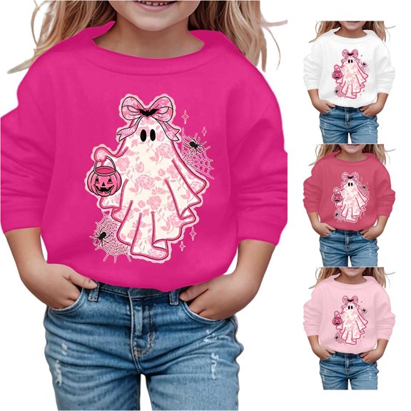 CUZIBR Little Girls Halloween Crewneck Sweatshirt Pumpkin Bow Ghost Flower Graphic Pullover Long Sleeve Cute Casual Daily Wear,Hot Pink,2-3 Years
