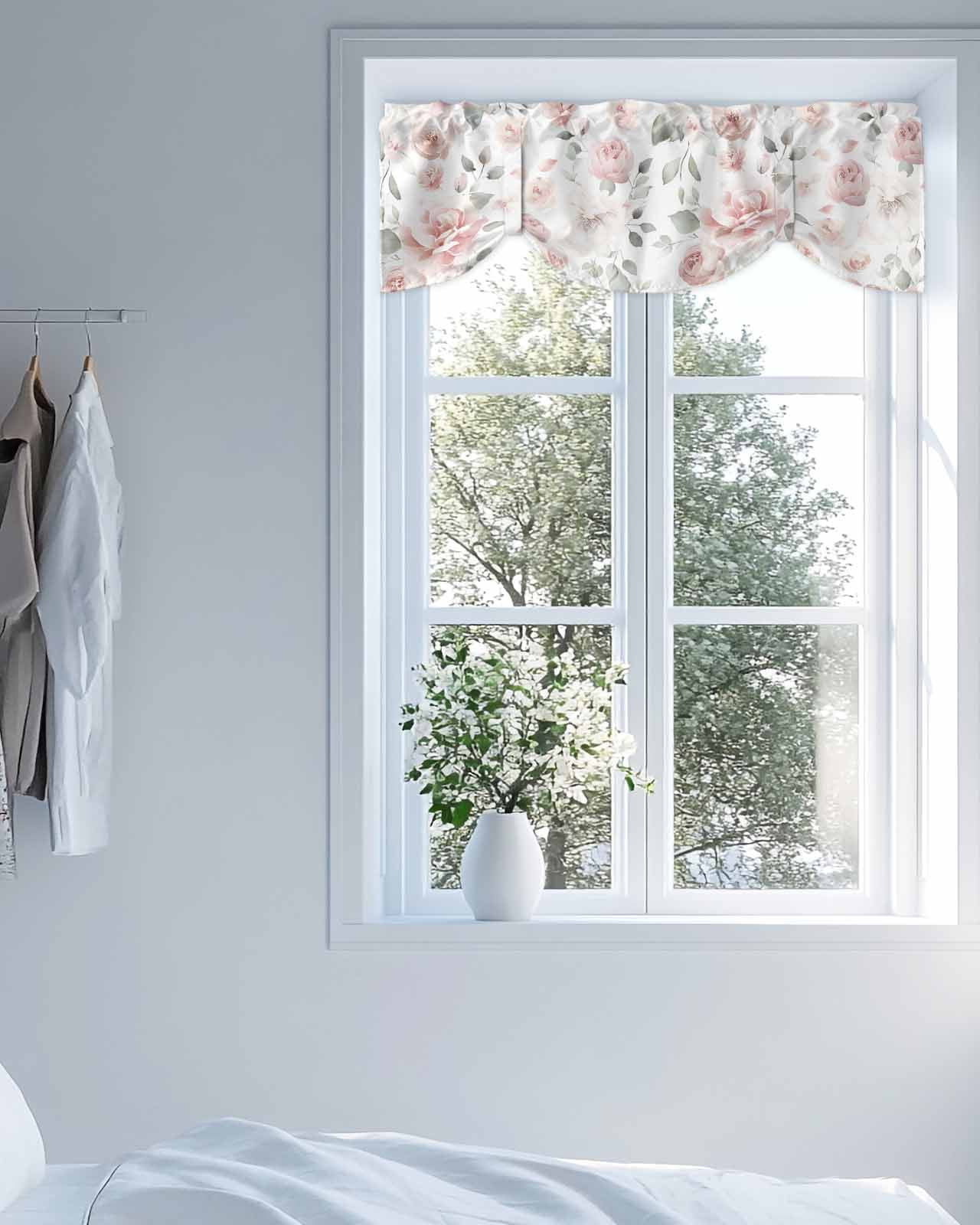 Light Pink Flowers Tie Up Valances Curtain, Adjustable Kitchen Gray Leaf Spring Floral Farm Plant Valances for Windows Decor, Rod Pocket Short Curtains Set for Bedroom/Bathroom, 54"x18"