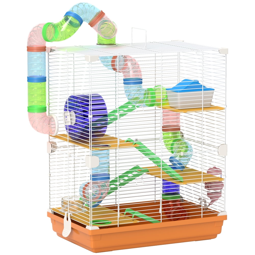 PawHut 18" 5‑Tier Hamster Cage with Tubes & Tunnels, Small Animal Gerbil Cage with Carry Handle, Exercise Wheel, Hut, Water Bottle & Food Dish, Orange