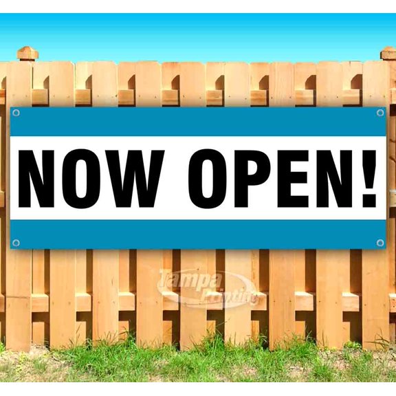 Now Open Blue Teal 13 oz Vinyl Banner With Metal Grommets