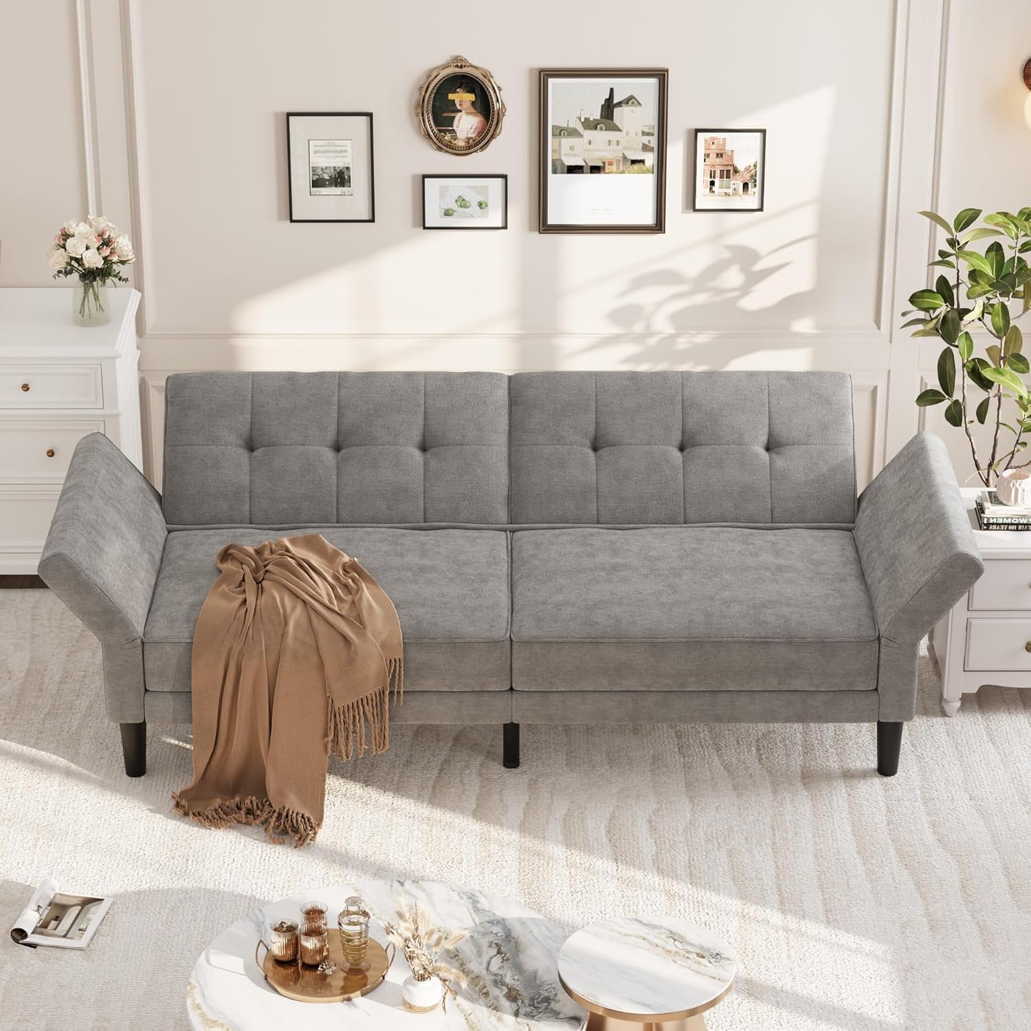 Luku 89" Convertible Futon Sofa Bed, Deep Seat Sleeper Couch with Adjustable Backrest & Armrests