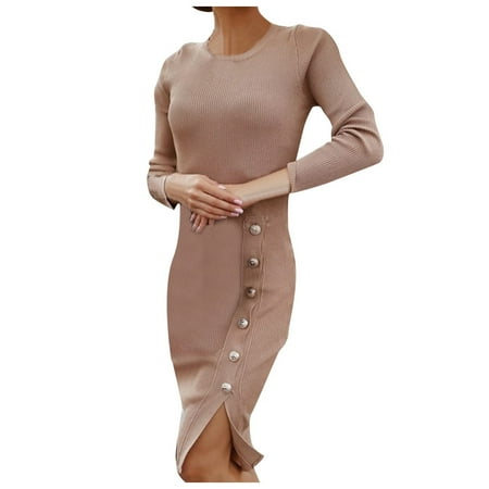 

Juebong Fashion Women Casual Button Long Sleeve Solid Split fork O Neck Dress