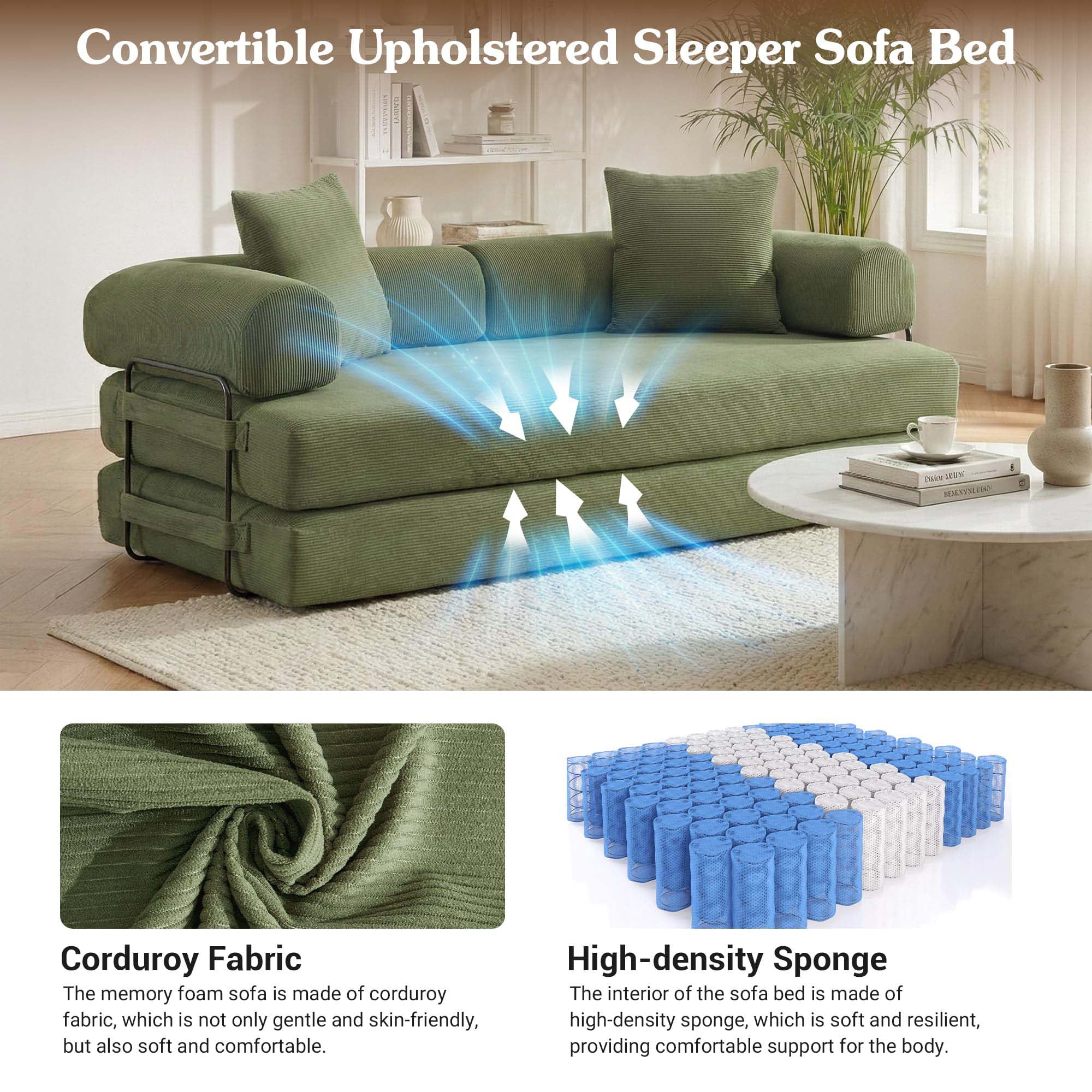 CAPCAEK 78.5" Convertible Sofa Bed, Corduroy Foldable Sleeper Loveseat with Memory Foam and 2 Pillows, Green