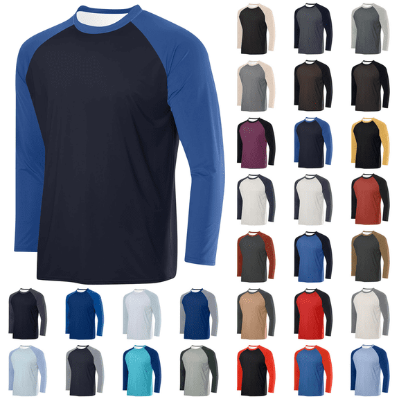 Zeijnsda Mens Sport Tops Men's Round Neck Long Sleeved Tops Comfy Breathable Summer Sport Shirts Color Block Raglan Sleeves Shirts