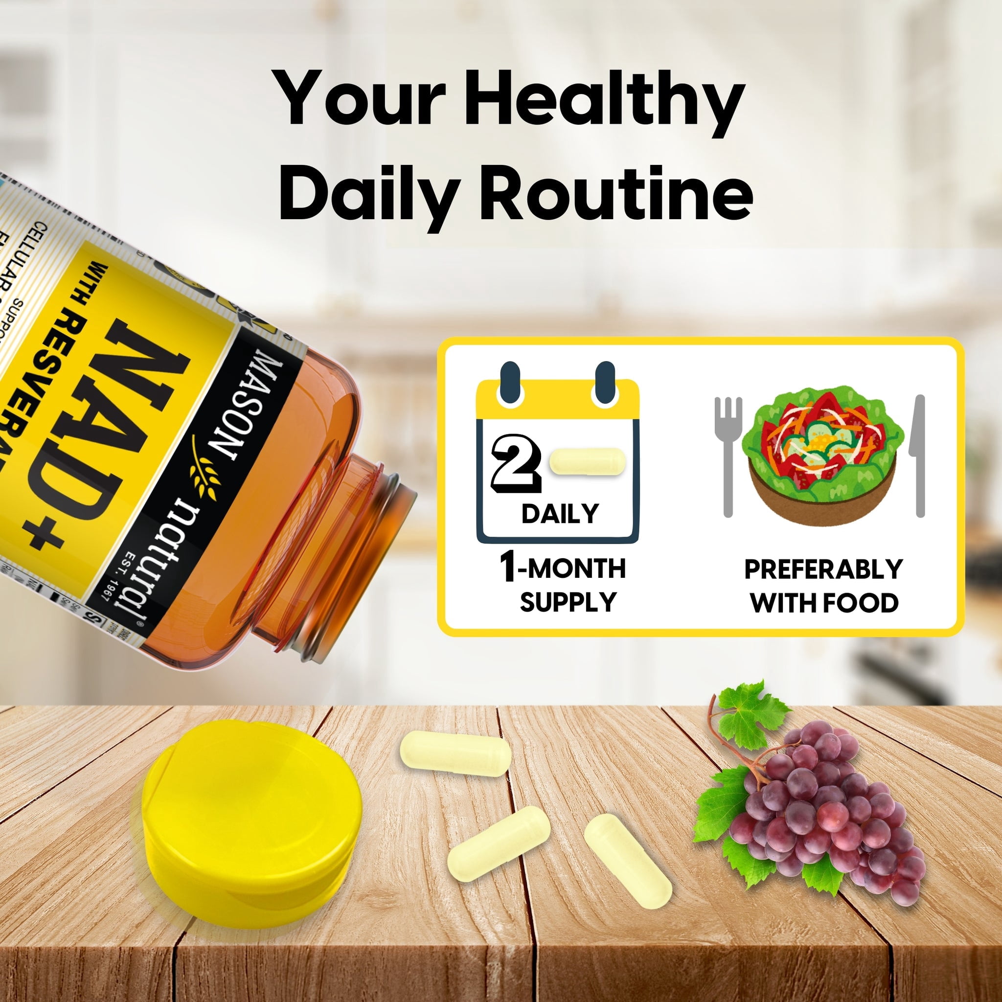 Mason Natural NAD+ with Resveratrol & Quercetin, 600 mg NAD+ Formula, Cellular Energy & Antioxidant Support, Brain Health & Vitality, Suitable for Vegetarians, 60 Capsules