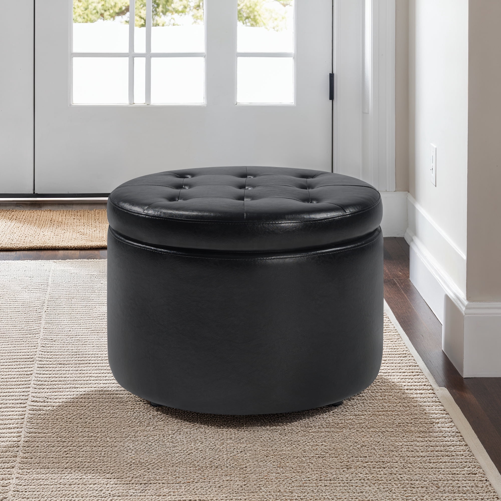 Convenience Concepts Designs4Comfort Round Shoe Storage Ottoman with Reversible Tray Table Lid, Black Vegan Leather