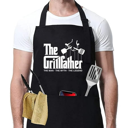 Funny Black BBQ Chef Aprons for Men with 2 Pockets - the GrillFather - Dad Gifts Gifts for Men -...