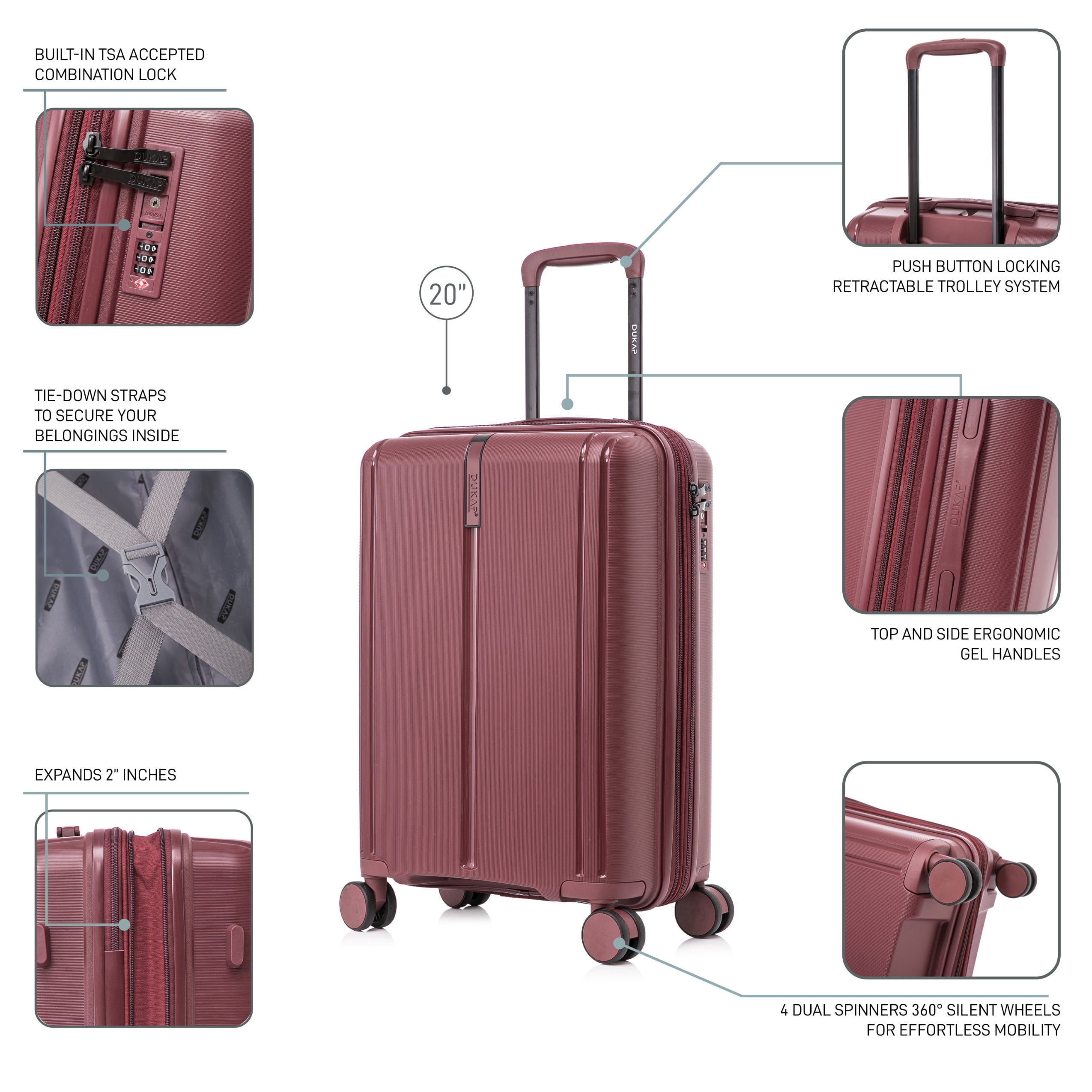 DUKAP AIRLEY 20" Lightweight Hardside Carry-On Luggage with Spinner Wheels, Handle and Trolley, Wine