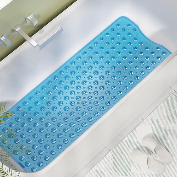 40 x 16 Inches Non Slip Shower & Bathtub Mat with Suction Cups and Drain Holes, Anti-Slip Bath Mat for Shower Stall, Safe for Elderly and Kids, Clear Blue