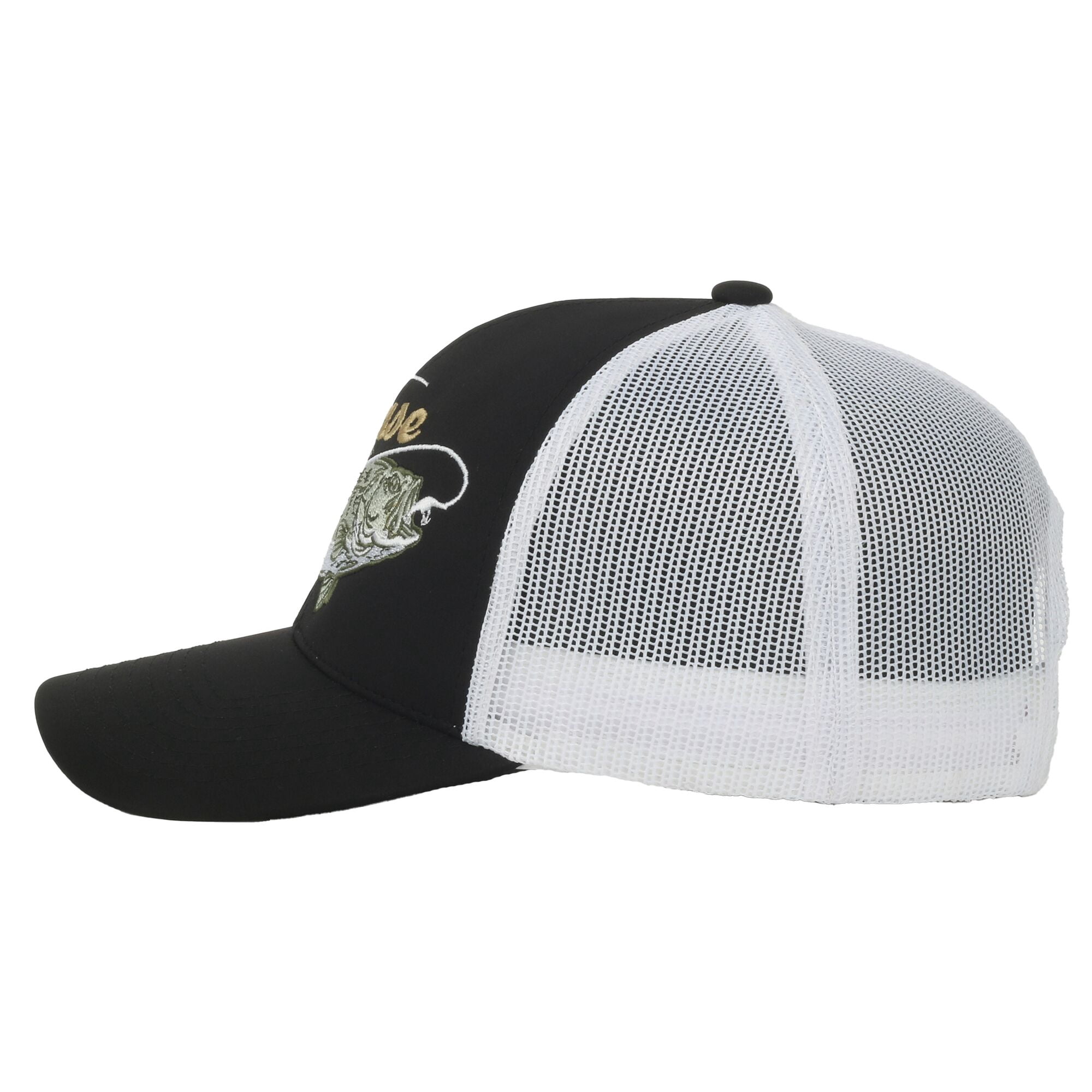Black/White Bass 5-Panel Fishing Cap – Structured Mesh Back, Embroidered, One Size