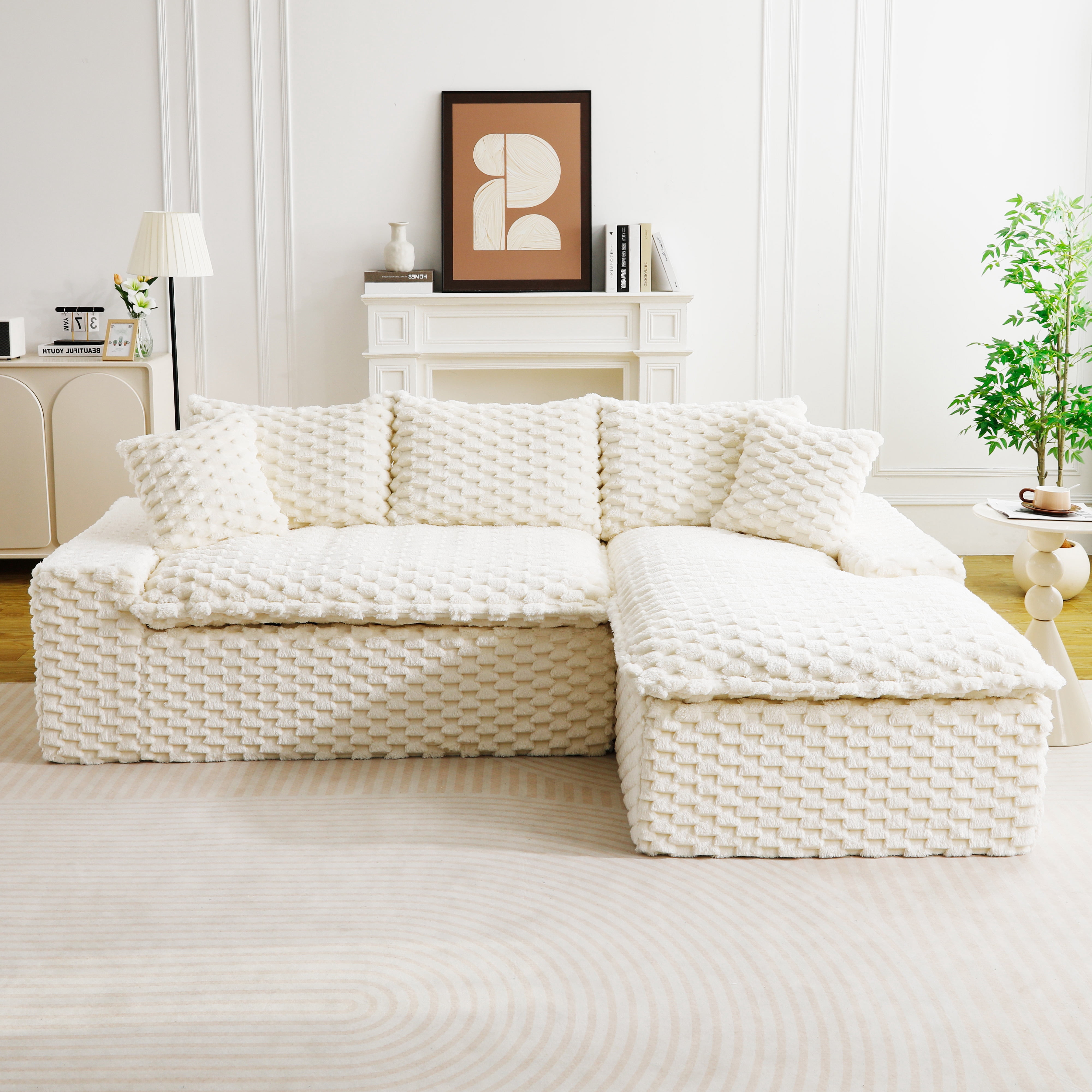 HOQBN 96"W Modular Sectional Sofa,L Shape Modern Corduroy Cloud Couch,Upholstered Deep Seat Boneless Sofa Couch with Right Chaise Lounge for Living Rooms,No Assembly Required,White