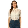 thumbnail image 1 of Camisa de encaje floral para mujer Allegra K Blusa semitransparente de manga corta Beige L, 1 of 4