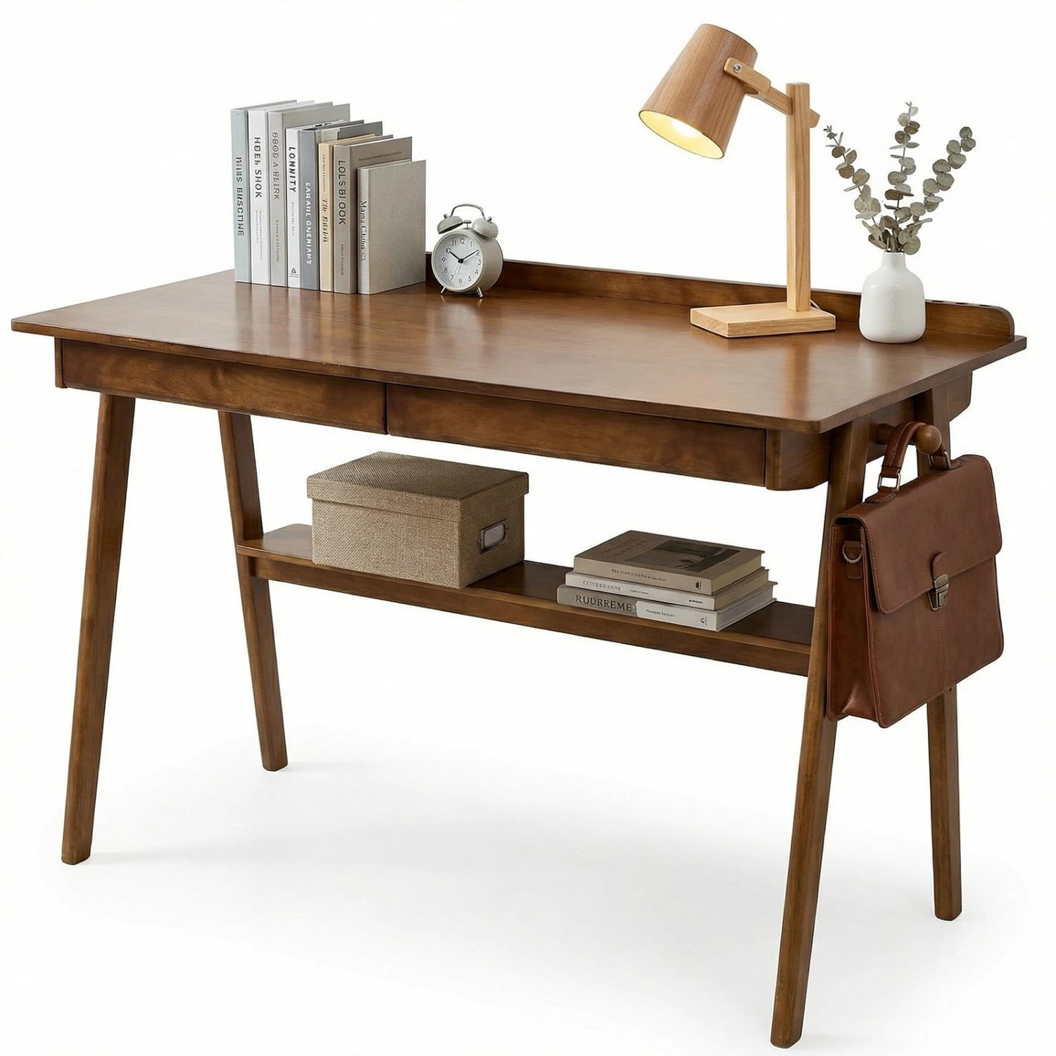 Solid Wood Writing Desk 47 Inch with 2 Drawers & Storage Shelf Mid Century Modern Home Office Desk with Hooks for Bedroom Study Walnut