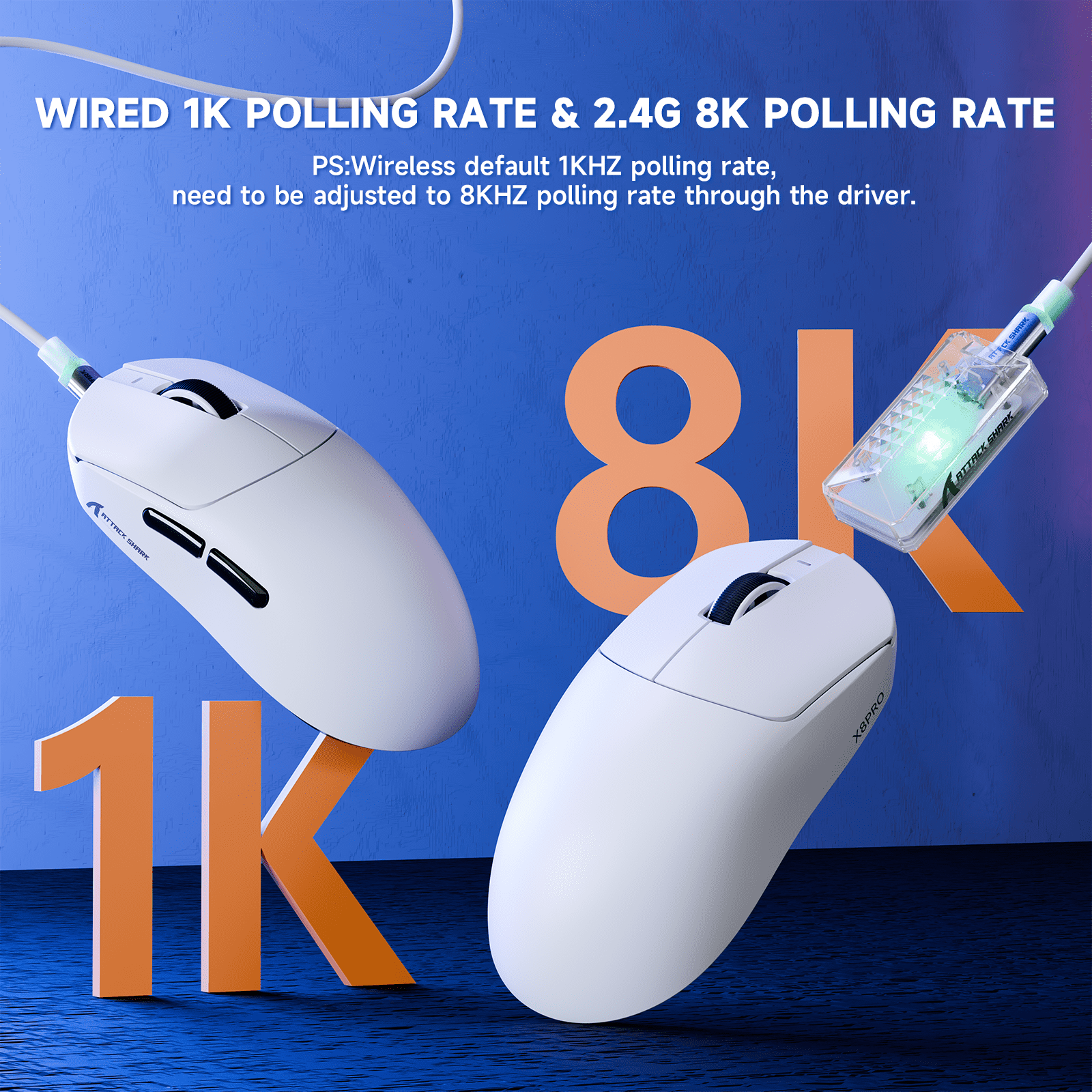 ATTACK SHARK X8PPO 8K Mouse for Large Hand, 55g SUPERLIGHT, PixArt PAW3395PRO Gaming Sensor, BT/2.4G Wireless/Wired, 6 Adjustable DPI up to 40000, 500mAh Battery (White)