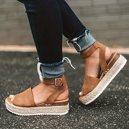 

Women‘s Peep Toe Platform Espadrilles Sandals Comfortable Solid Color Buckle Strap Shoes Casual Beach Sandals