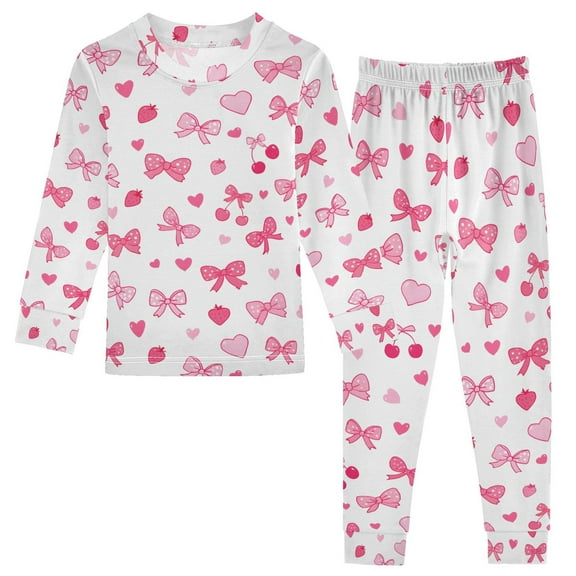 joogoo Bows and Strawberry 2 Piece Long Sleeve Tee and Pants Cotton Pajama Set 5Y