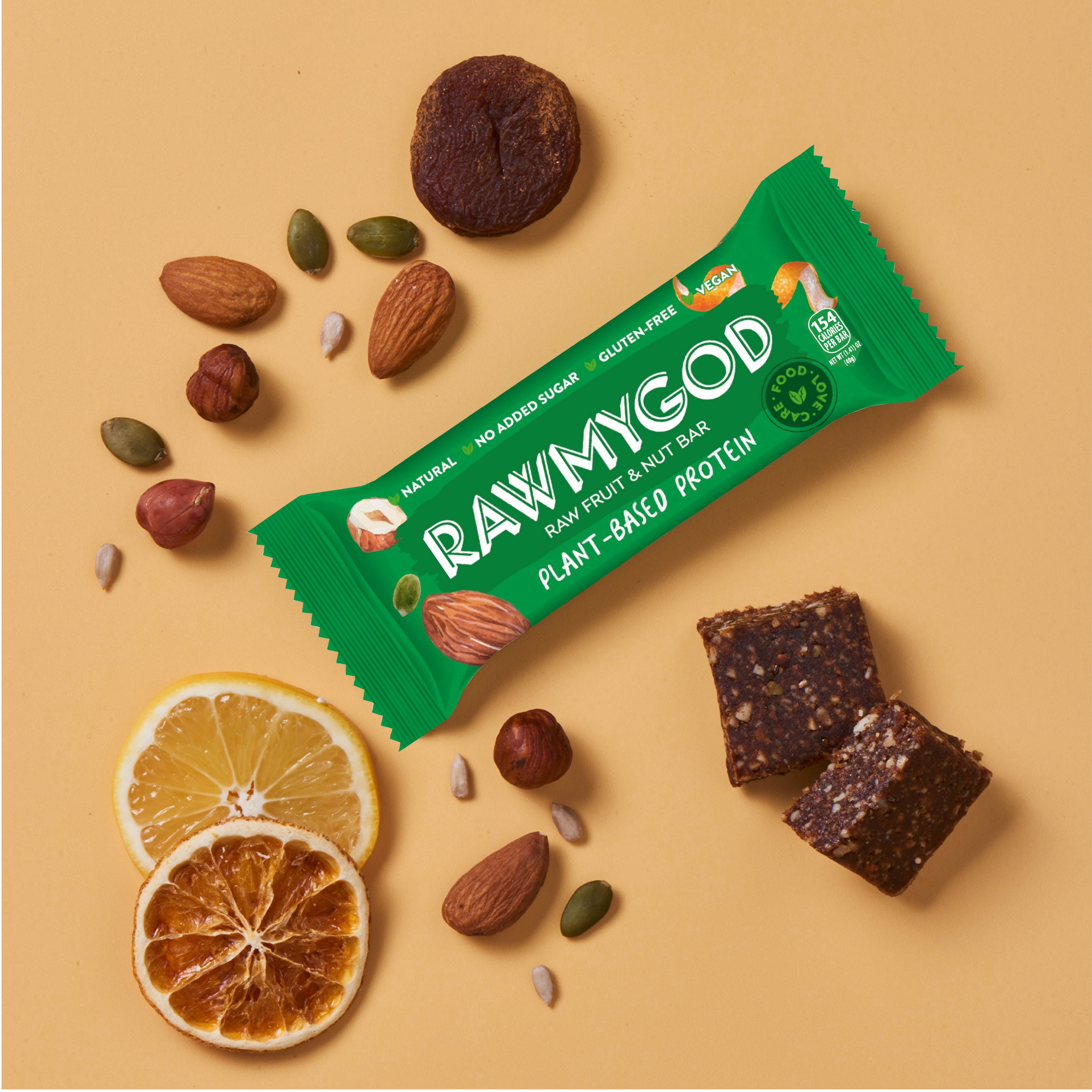 RAWMYGOD Raw Fruit and Nut Bar, Plant Based Protein, Gluten Free, Vegan, No Added Sugar, 16 pack, 154 Calories per Bar