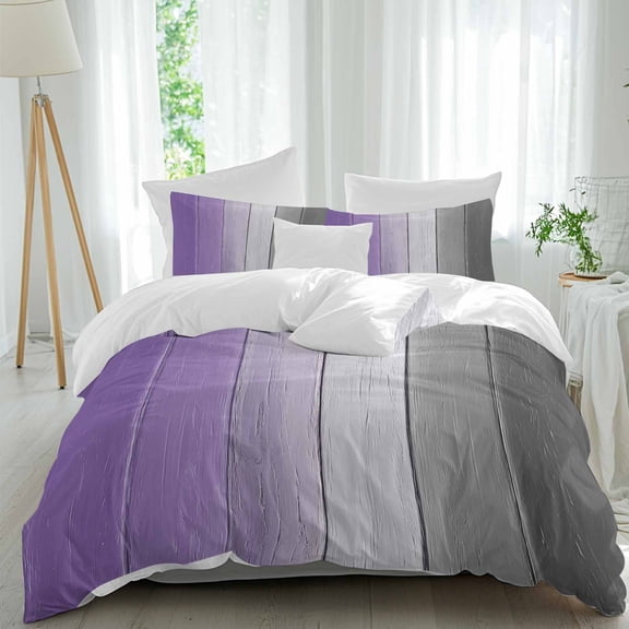 3 Piece Purple Gray Ombre Duvet Cover Set California King, Microfiber Comforter/Quilt Cover with Corner Ties and 2 Pillowcases, Vintage Country Wooden All Season Soft Bedding with Zipper Closure